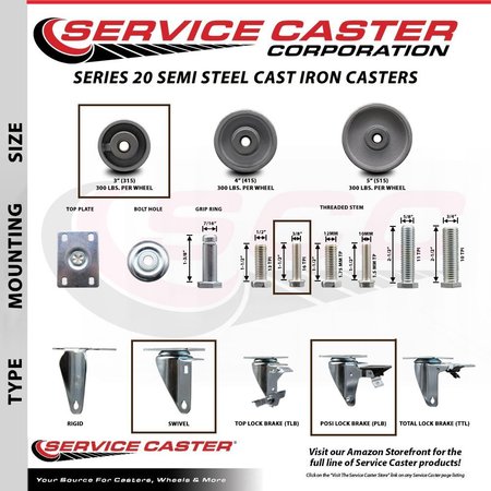 Service Caster 3 Inch Semi Steel 38 Inch Threaded Stem Caster Set with Brake SCC-TS20S315-SSR-PLB-381615-4